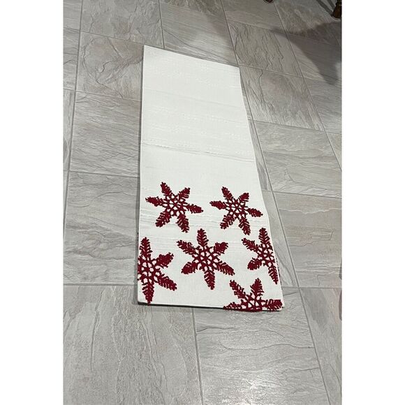 White With Red Snowflakes 6 Foot Table Runner-Stains - Picture 1 of 14